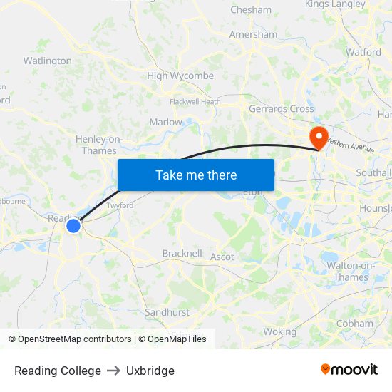Reading College to Uxbridge map