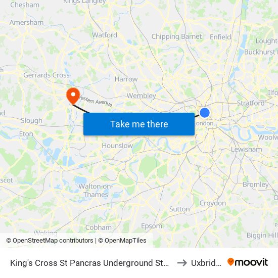 King's Cross St Pancras Underground Station to Uxbridge map