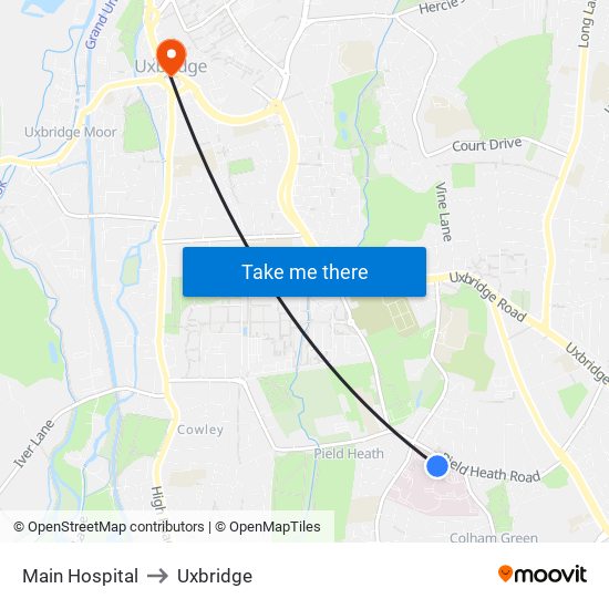 Main Hospital to Uxbridge map