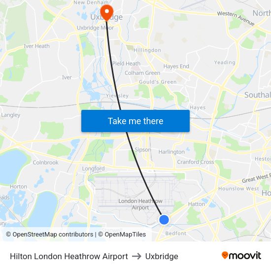 Hilton London Heathrow Airport to Uxbridge map