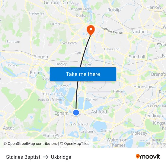Staines Baptist to Uxbridge map