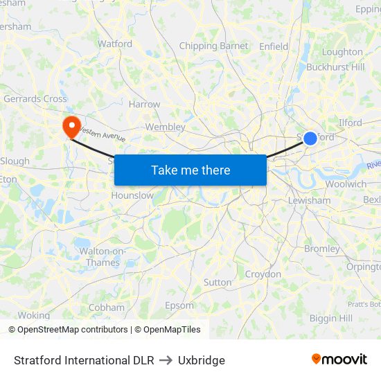 Stratford International DLR to Uxbridge map
