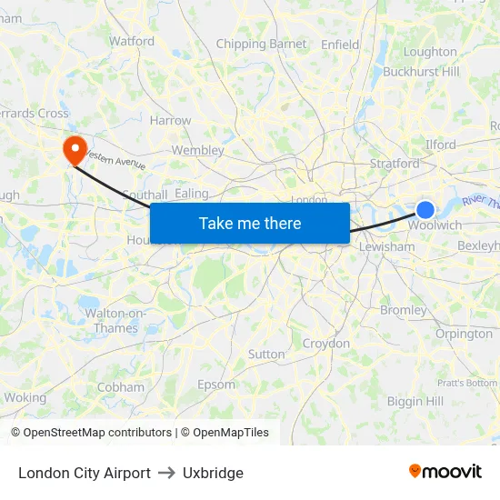 London City Airport to Uxbridge map