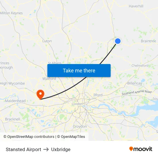 Stansted Airport to Uxbridge map