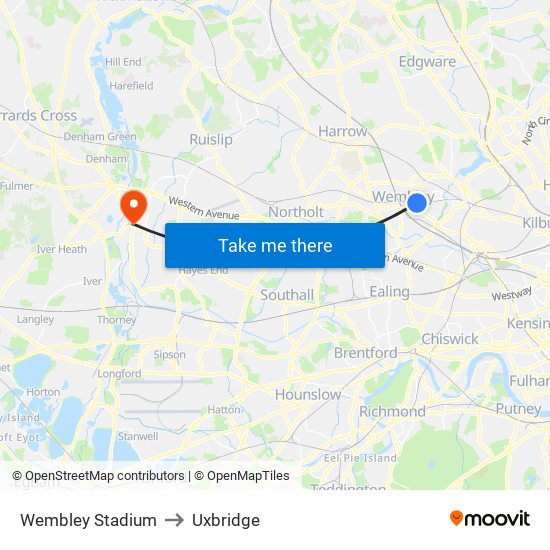 Wembley Stadium to Uxbridge map