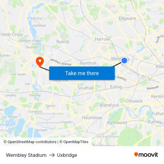 Wembley Stadium to Uxbridge map