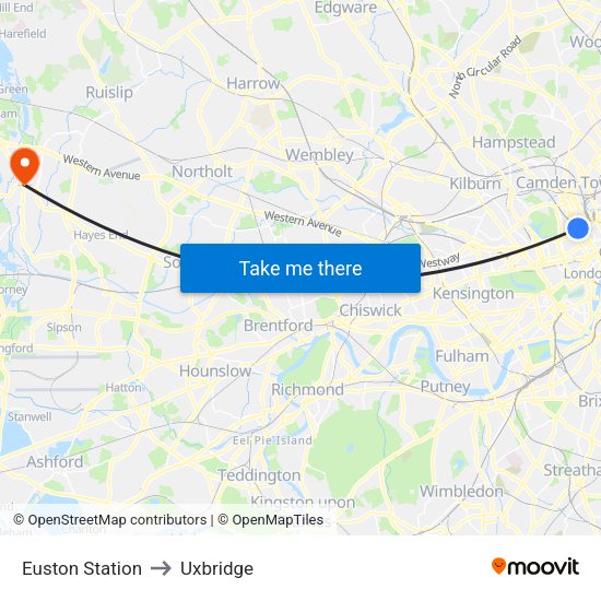 Euston Station to Uxbridge map