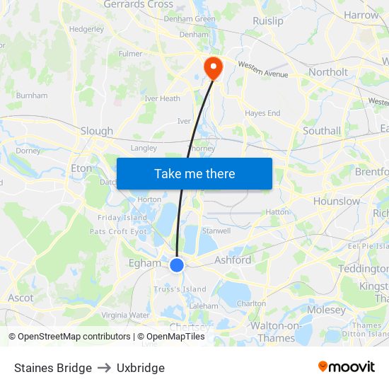 Staines Bridge to Uxbridge map