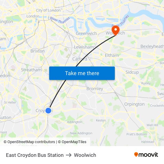 East Croydon Bus Station to Woolwich map