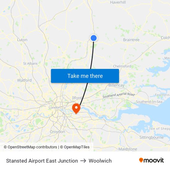 Stansted Airport East Junction to Woolwich map