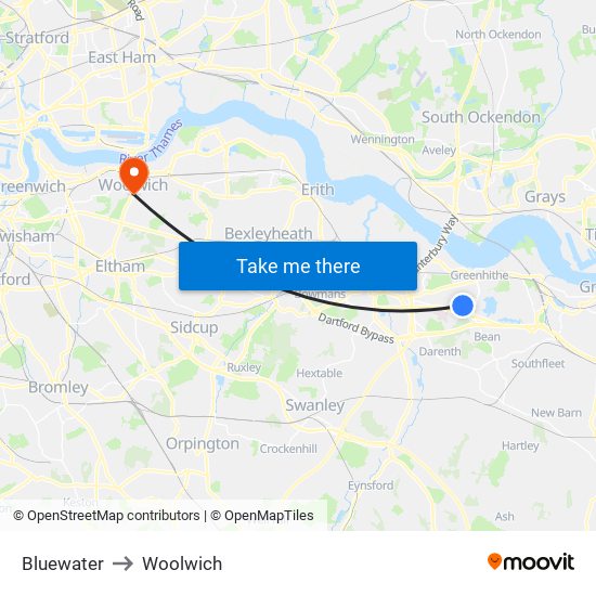 Bluewater to Woolwich map