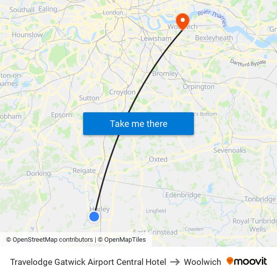 Travelodge Gatwick Airport Central Hotel to Woolwich map