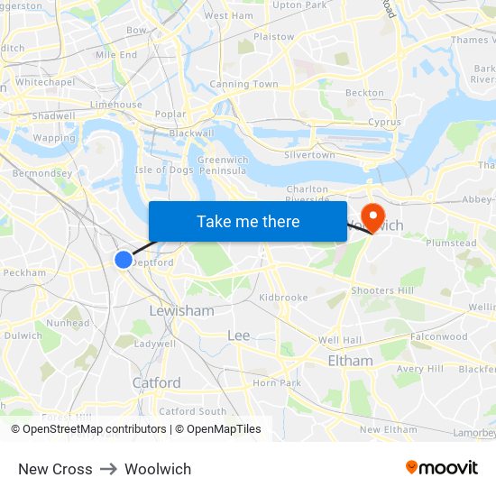 New Cross to Woolwich map