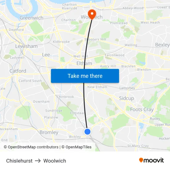 Chislehurst to Woolwich map