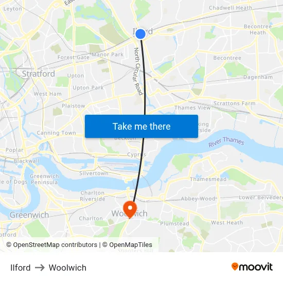 Ilford to Woolwich map