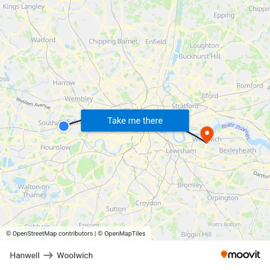 Hanwell to Woolwich map