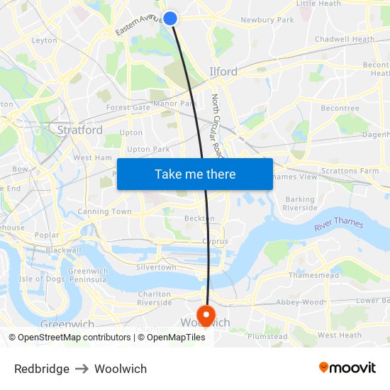 Redbridge to Woolwich map