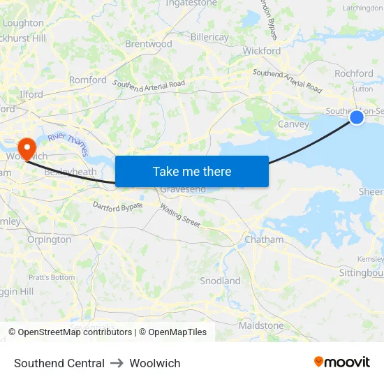 Southend Central to Woolwich map