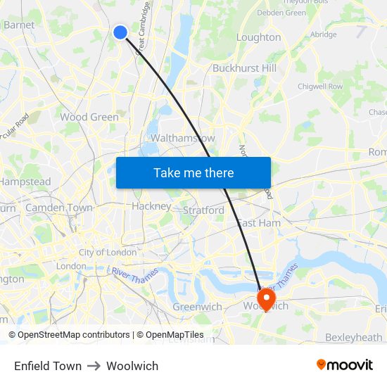 Enfield Town to Woolwich map