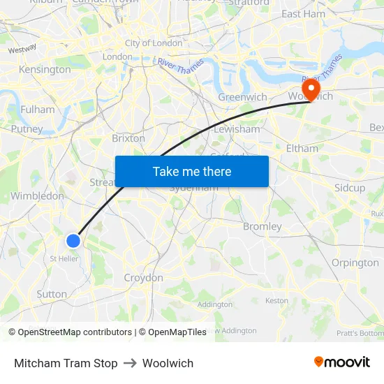 Mitcham Tram Stop to Woolwich map
