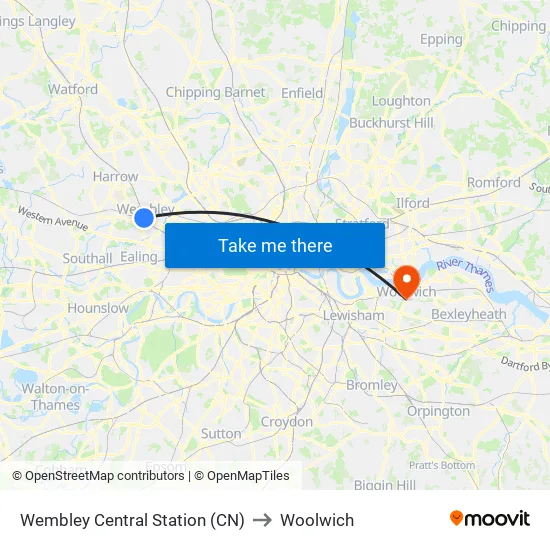 Wembley Central Station (CN) to Woolwich map