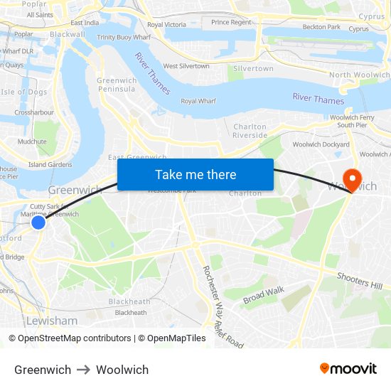 Greenwich to Woolwich map