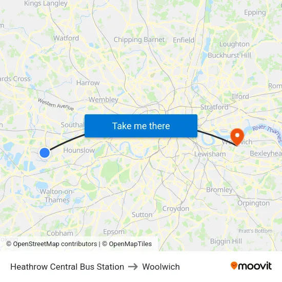 Heathrow Central Bus Station to Woolwich map