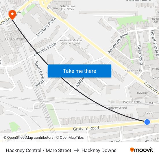 Hackney Central / Mare Street to Hackney Downs map