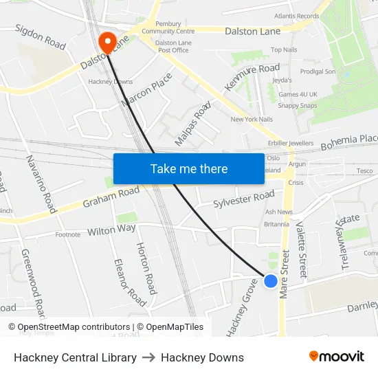 Hackney Central Library to Hackney Downs map