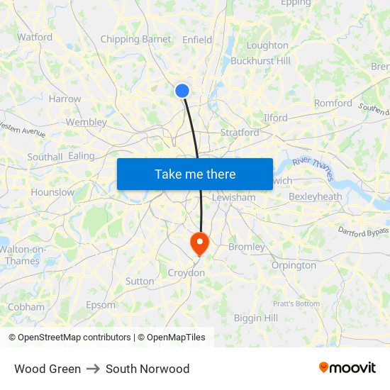 Wood Green to South Norwood map