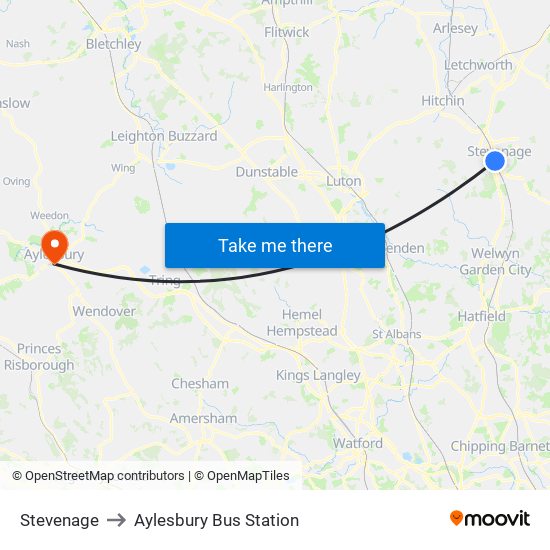 Stevenage to Aylesbury Bus Station map