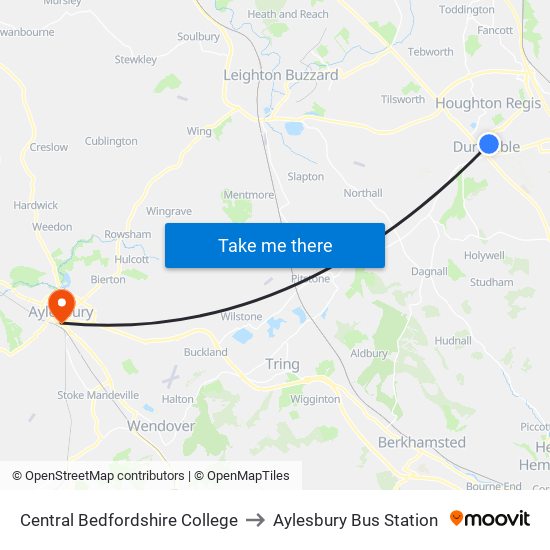 Central Bedfordshire College to Aylesbury Bus Station map