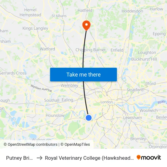 Putney Bridge to Royal Veterinary College (Hawkshead) (The) map
