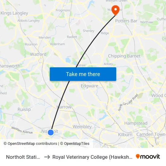 Northolt Station (B) to Royal Veterinary College (Hawkshead) (The) map