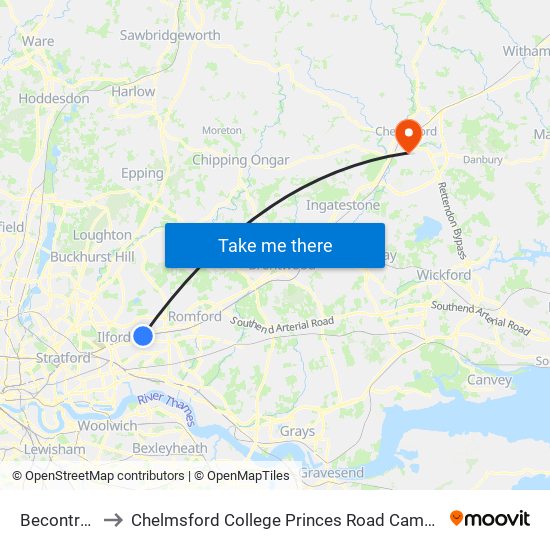 Becontree to Chelmsford College Princes Road Campus map
