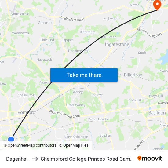 Dagenham to Chelmsford College Princes Road Campus map