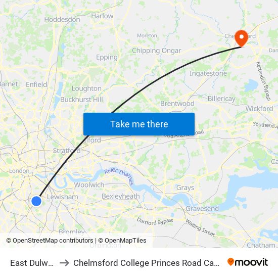 East Dulwich to Chelmsford College Princes Road Campus map