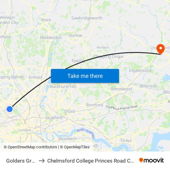 Golders Green to Chelmsford College Princes Road Campus map