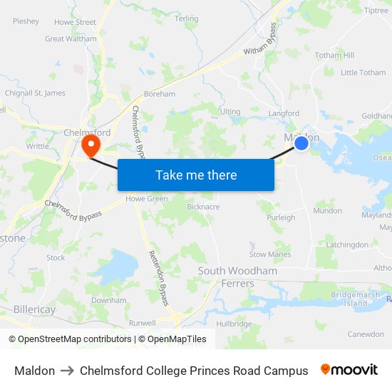 Maldon to Chelmsford College Princes Road Campus map