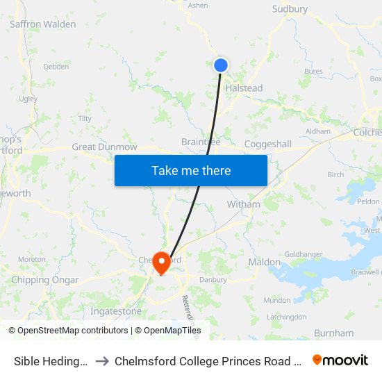 Sible Hedingham to Chelmsford College Princes Road Campus map