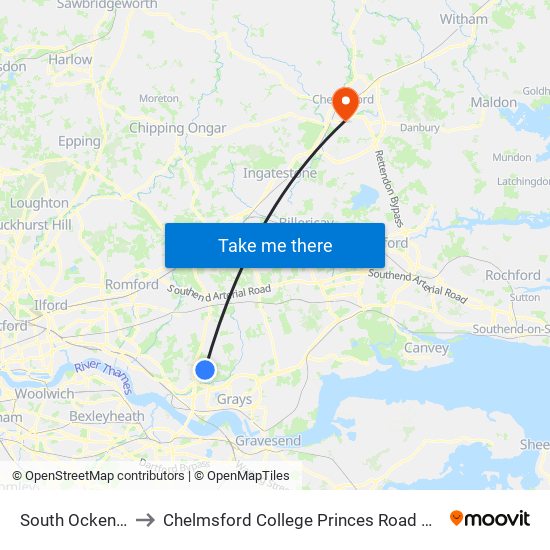 South Ockendon to Chelmsford College Princes Road Campus map