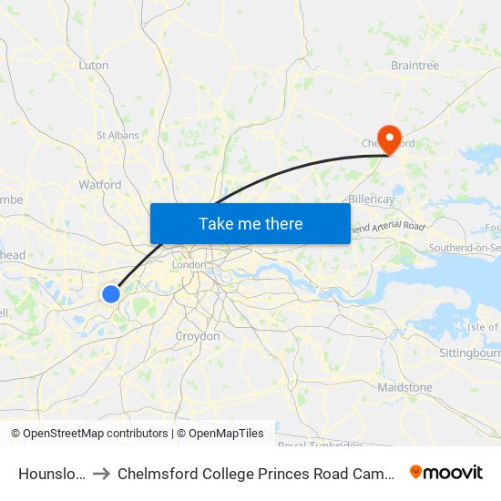 Hounslow to Chelmsford College Princes Road Campus map