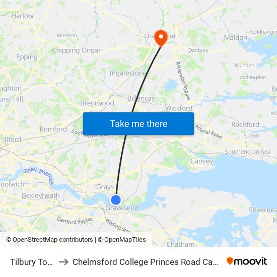 Tilbury Town to Chelmsford College Princes Road Campus map