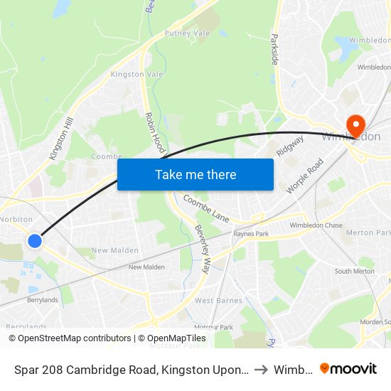 Spar 208 Cambridge Road, Kingston Upon Thames, Surrey, Kt1 3lu to Wimbledon map