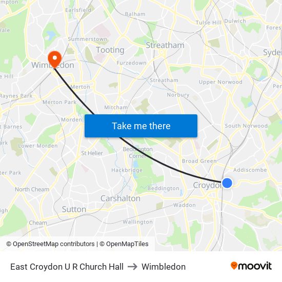East Croydon U R Church Hall to Wimbledon map
