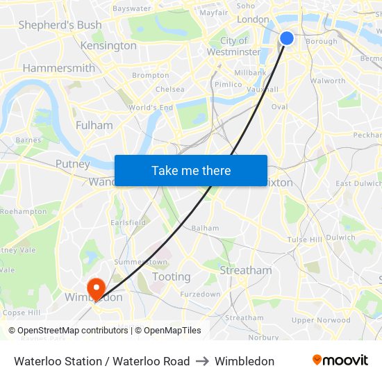 Waterloo Station / Waterloo Road to Wimbledon map