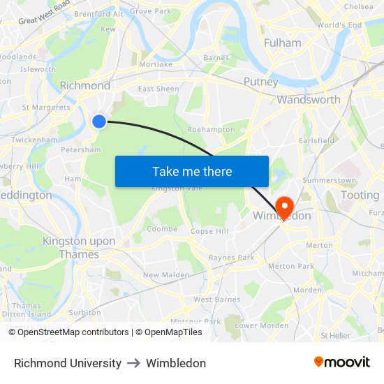 Richmond University to Wimbledon map