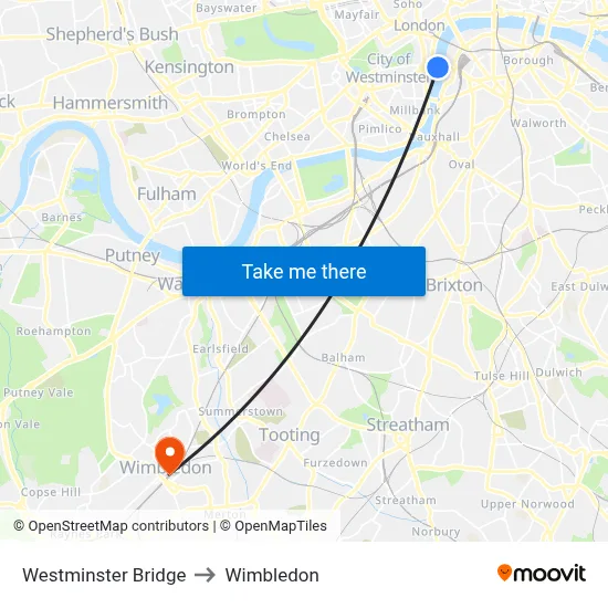 Westminster Bridge to Wimbledon map