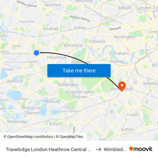 Travelodge London Heathrow Central Hotel to Wimbledon map