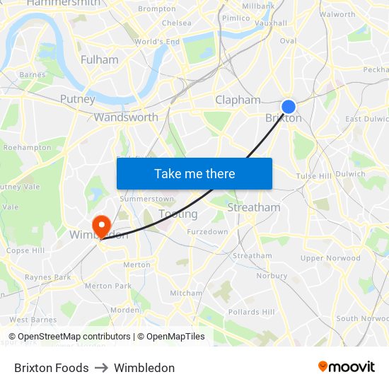 Brixton Foods to Wimbledon map